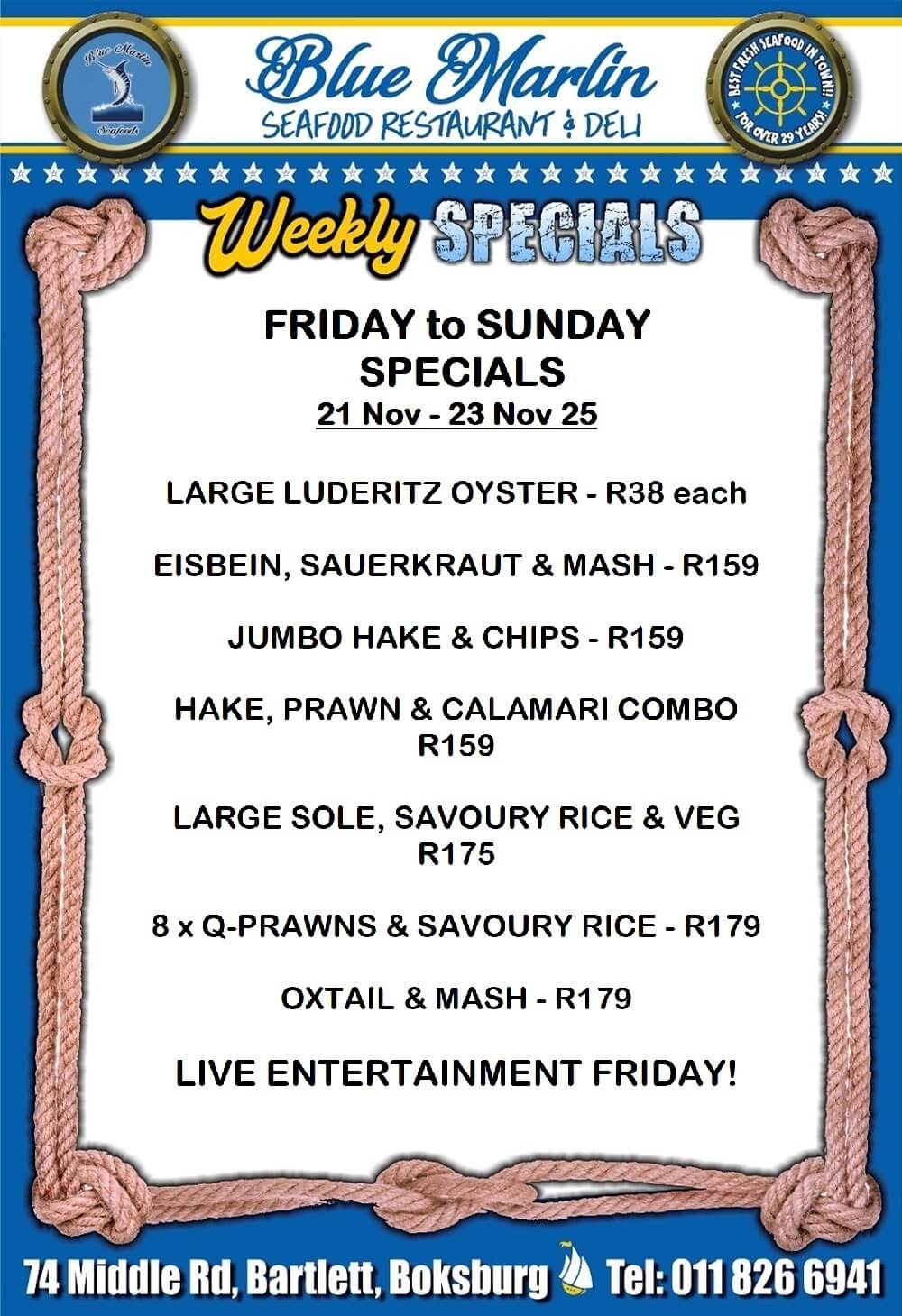 Blue Marlin Seafood Restaurant Boksburg Special Offers